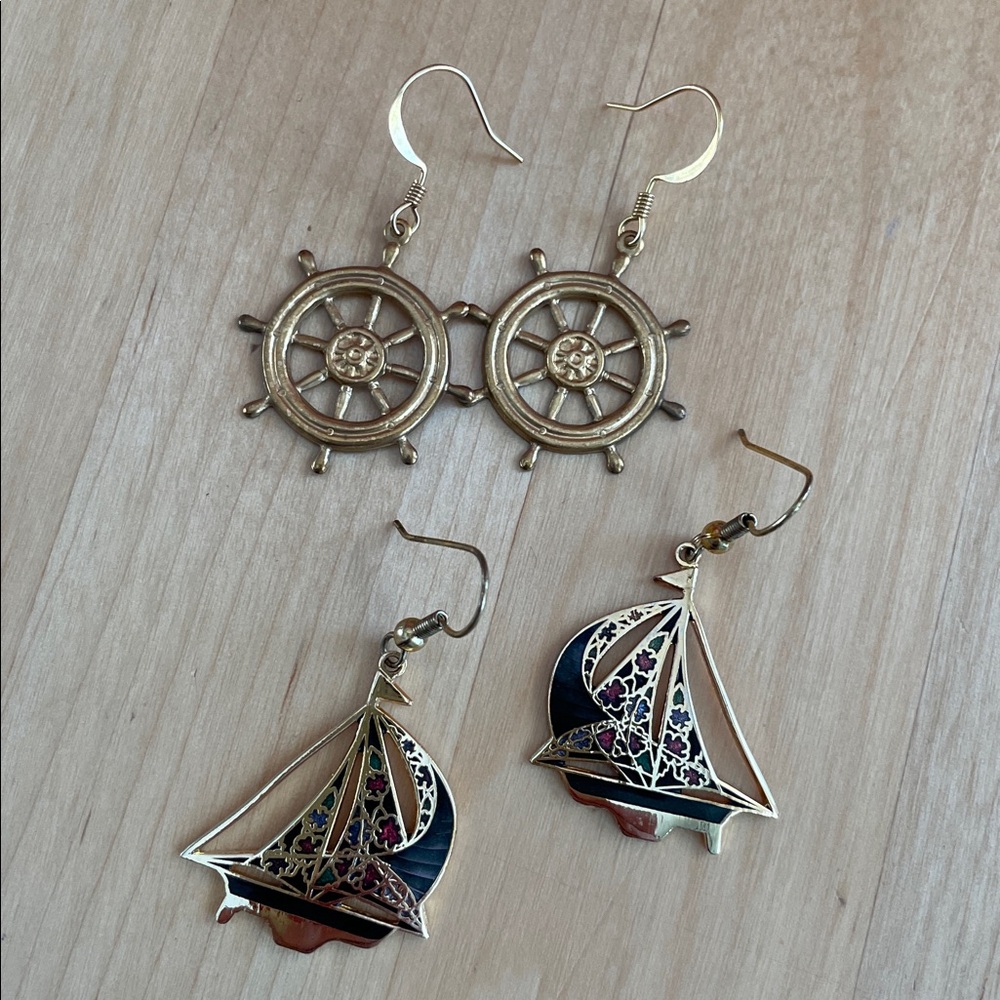 Nautical Earrings - Set of 2 - Ship Wheels and Sailboats